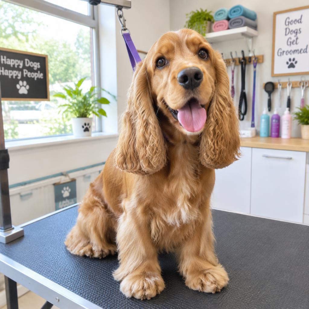 Happy spaniel on the grooming table
