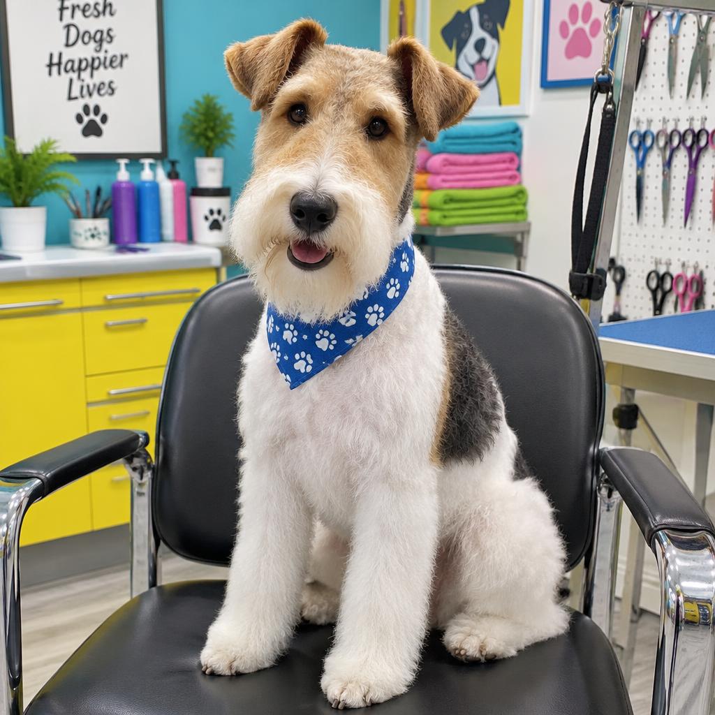 Freshly groomed terrier in the salon chair